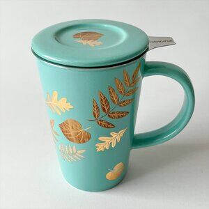 DAVIDs TEA Perfect Mug Gold Leaves Turquoise With Infuser & Lid 12oz
